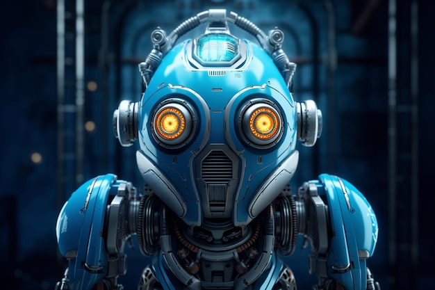 A blue robot with orange eyes and a yellow light on the face.