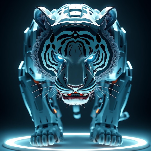 Photo a blue robot with a tiger on its back and a light in the background