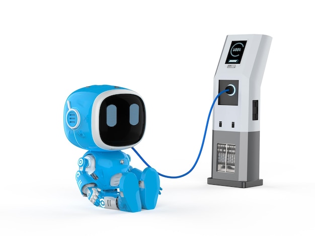 Blue robotic assistant or artificial intelligence robot charging with electric charging station