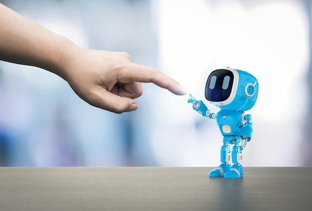 Blue robotic assistant or artificial intelligence robot connect with human