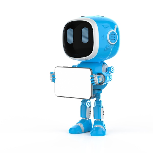 Blue robotic assistant or artificial intelligence robot with empty screen tablet