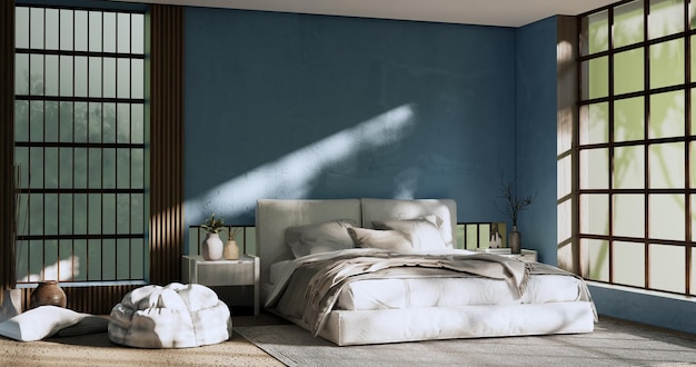 Blue room interior mock up with zen bed plant and decoartion in japanese bedroom 3D rendering