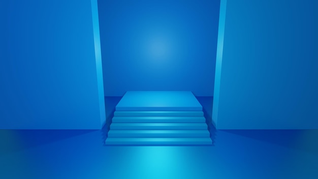 A blue room with a blue square podium in the center and stairs to it. 3D render.