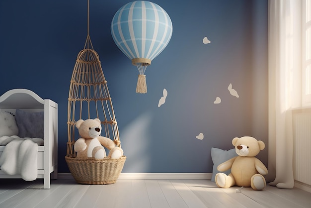 A blue room with a blue wall and a teddy bear in a basket.