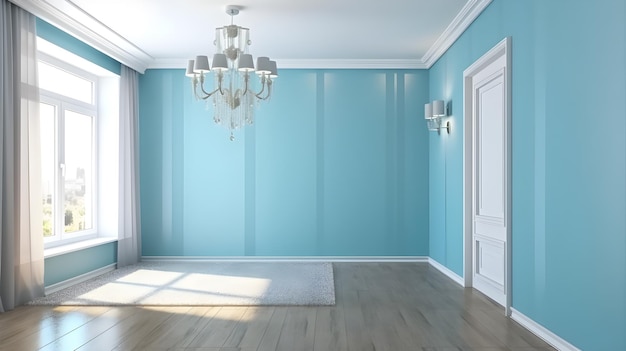 A blue room with a chandelier and a door that says'the word home '