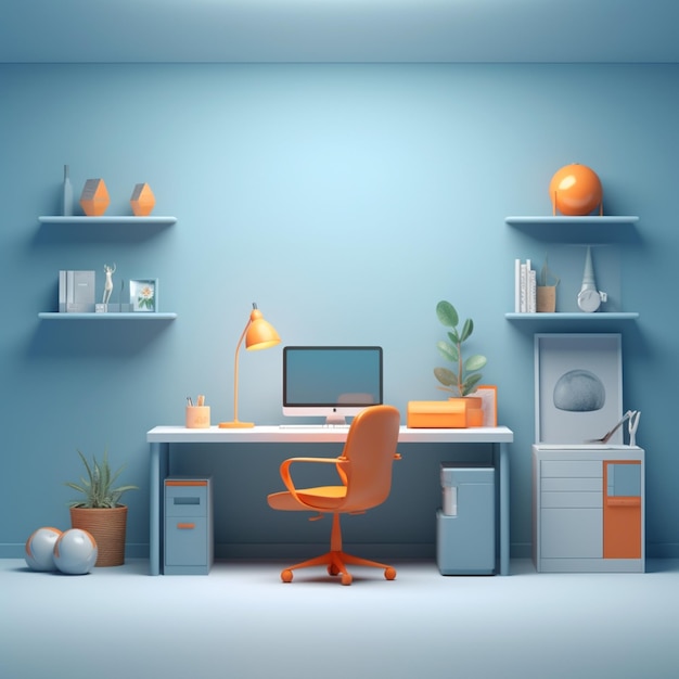 A blue room with a desk and a computer on it