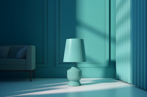 A blue room with a lamp and a chair in the corner.