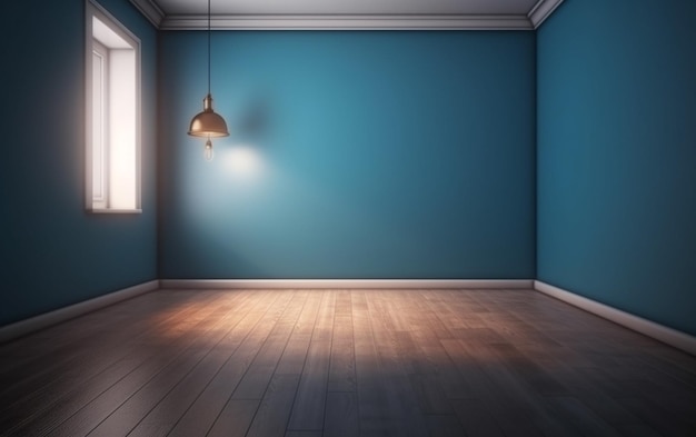 A blue room with a lamp hanging from the ceiling.