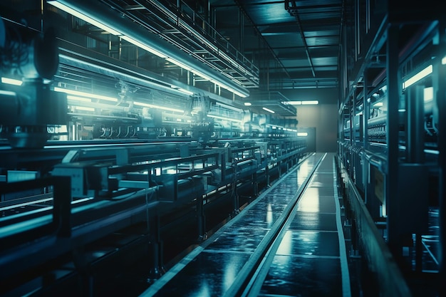 A blue room with a long conveyor belt and a blue light.