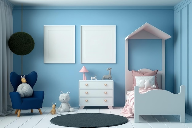 A blue room with a pink bed and a white chest with two white pictures on it.