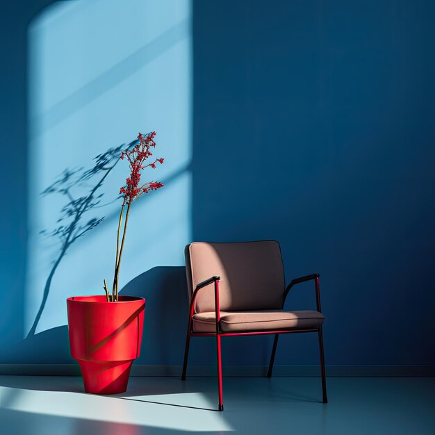 Photo a blue room with a red chair and a plant on the side table