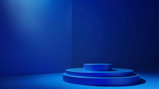 a blue room with a round table and a blue light on the bottom