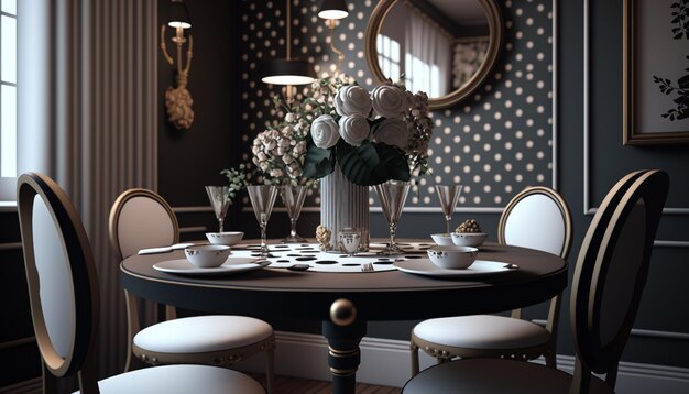 A blue room with a table and chairs with a bowl of fruit in the middle