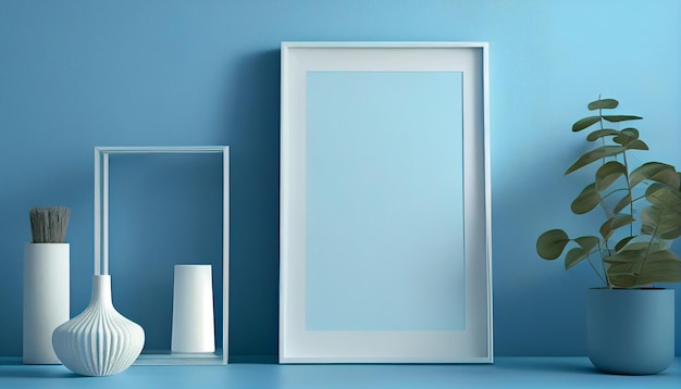 A blue room with a white frame and a vase with flowers.