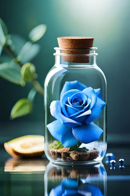 A blue rose in a bottle with a wooden cork top.