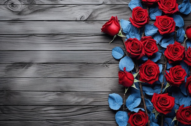 Blue rose composition on wooden tabletop