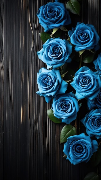 Blue rose composition on wooden tabletop