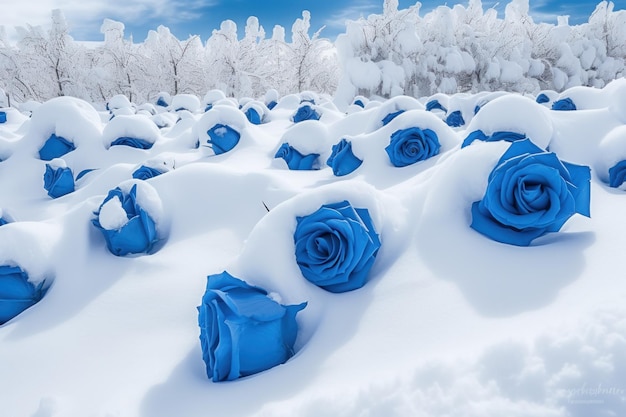 Blue rose field in snow Generate Ai