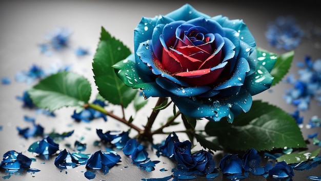 a blue rose with a red rose in the background