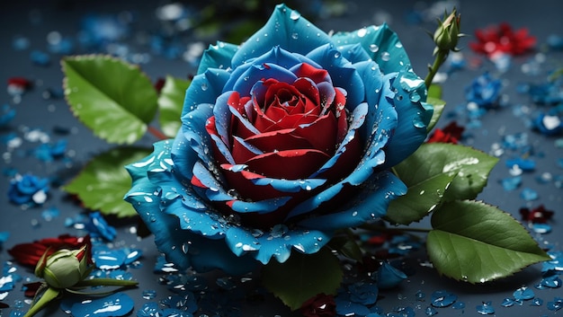 a blue rose with a red rose in the background