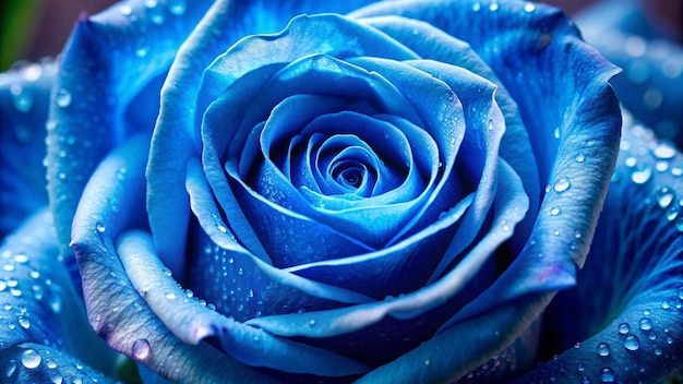 a blue rose with water drops on it