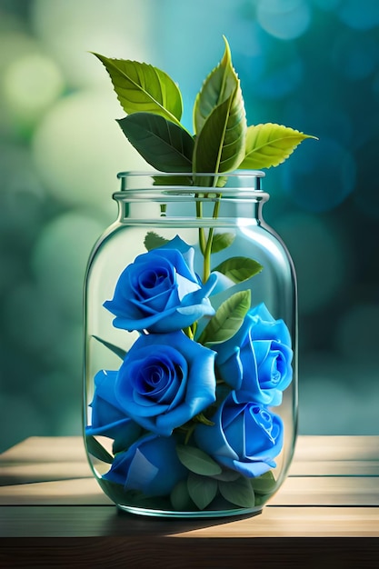 Blue roses in a jar with green leaves