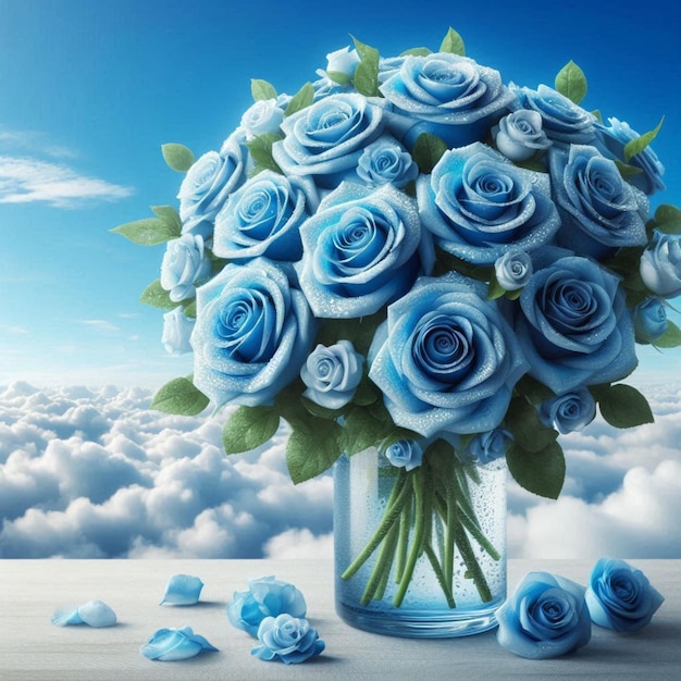 Blue Roses Reaching for the Light in Glass Vase