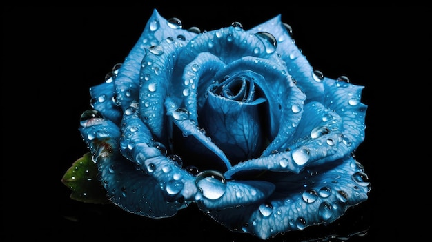 Blue roses with water drops on a black background