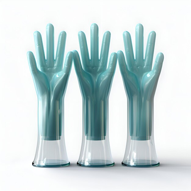 Blue rubber gloves in a glass vase on a white background