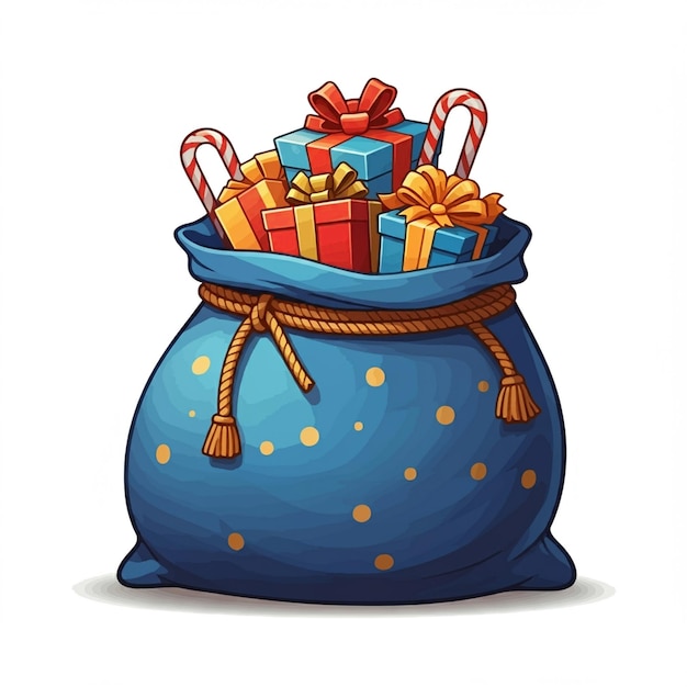 a blue sack with a bunch of presents on it