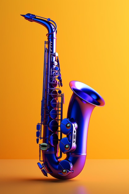 A blue saxophone is next to a black and orange background.