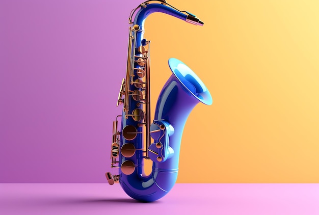 A blue saxophone is on a pink and purple background.