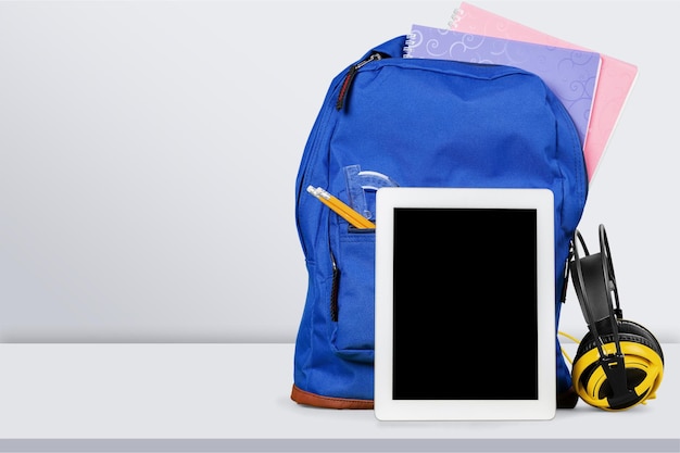 Blue School Backpack  on   background.