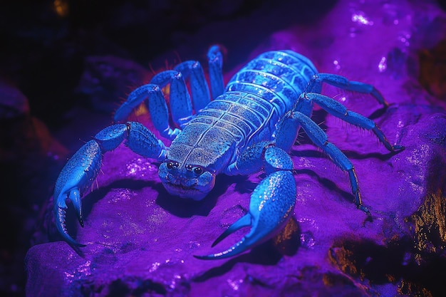 Photo a blue scorpion glows under a black light revealing its intricate exoskeleton and menacing claws