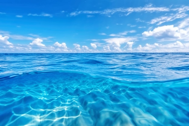 Blue sea ocean water surface and underwater with sunny and cloudy skyseascape summer background wallpaper