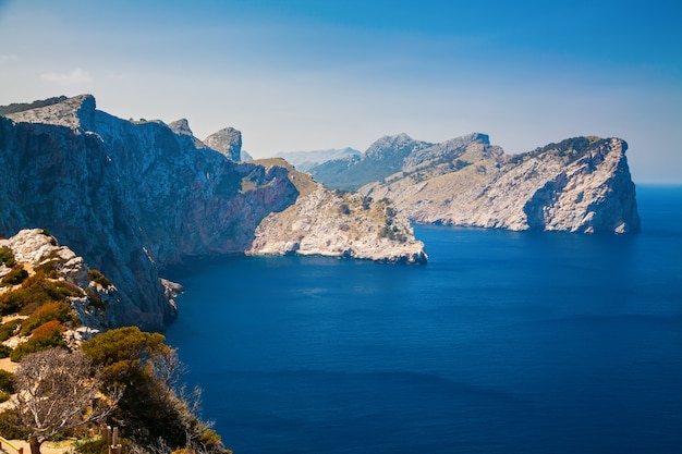 Blue sea and rocky mountains at the cape Formentor