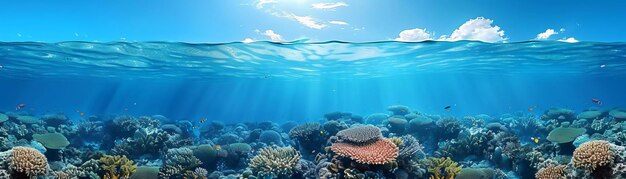 Blue sea sky coral reef below flat design front view underwater beauty theme 3D render Triadic Color Scheme