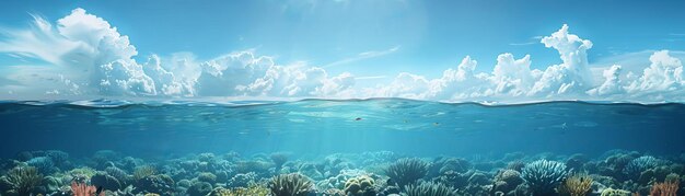 Blue sea sky coral reef below flat design front view underwater beauty theme 3D render Triadic Color Scheme