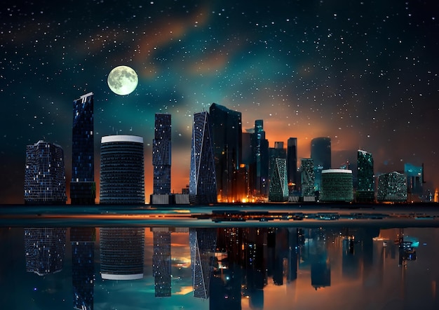 blue sea starry sky and moon , Night city modern buildings on horizon  blurred light on horizon