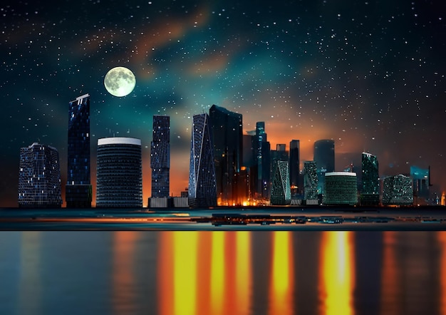 blue sea starry sky and moon , Night city modern buildings on horizon  blurred light on horizon