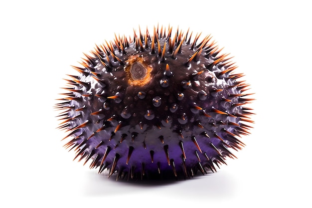 A blue sea urchin with a white background