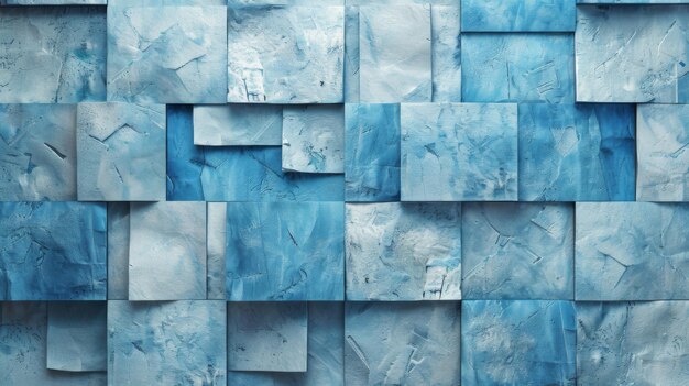 A blue sea wall with squares of different sizes and textures background is a white wall with geo