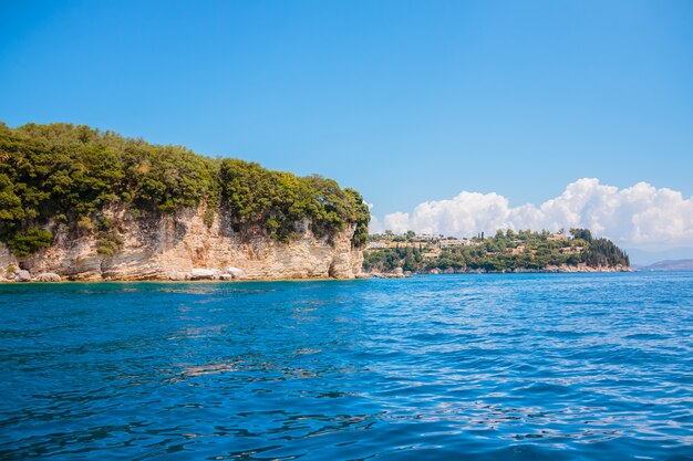 Blue sea water and mountains. Clear blue sky without clouds and skyline of the mountain. sea cruise concept.