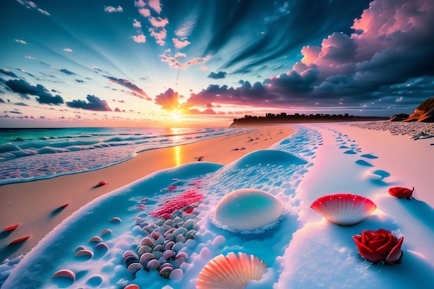 Blue sea waves at dusk sunrise sunset with rose flowers pink shells conch sea salt on sandy beach