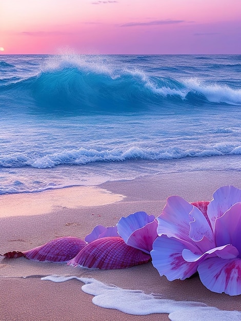 Blue sea waves at dusk sunrise sunset with rose flowers pink shells conch sea salt on sandy