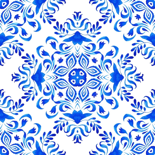 Blue seamless ornamental watercolor pattern hand drawn graphic for ceramic tile