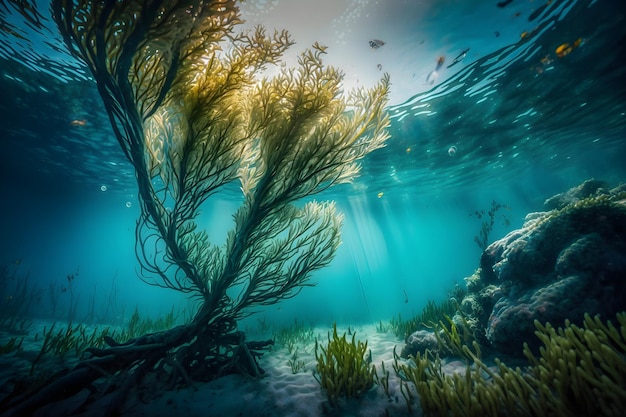 A blue seaweed with a fish swimming in the background.