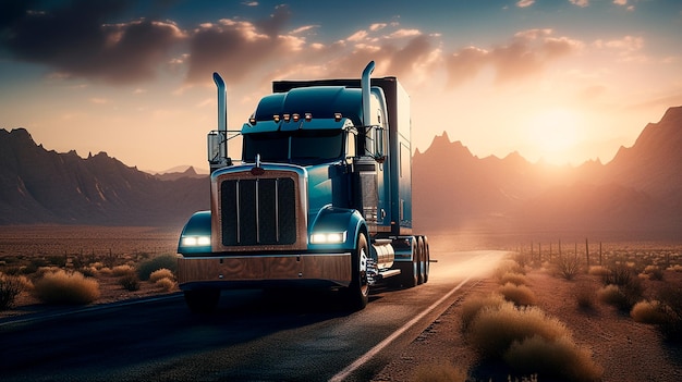 A blue semi truck driving down a road with mountains in the background at sunset or dawn with a bright sun shining on the truck's cab Generative AI