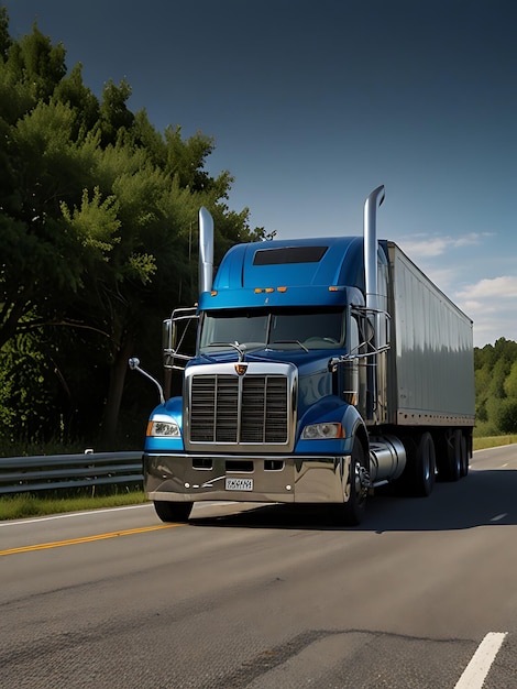 a blue semi truck with a blue hood drives down a road