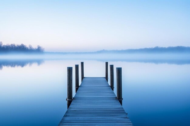 Blue serenity two wooden piers on a tranquil lake